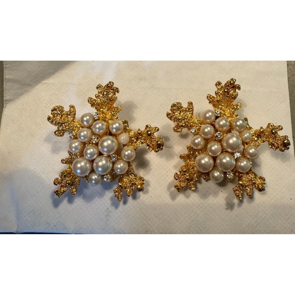Clip On Earrings Signed Craft Gold Tone Pearls Rhinestones